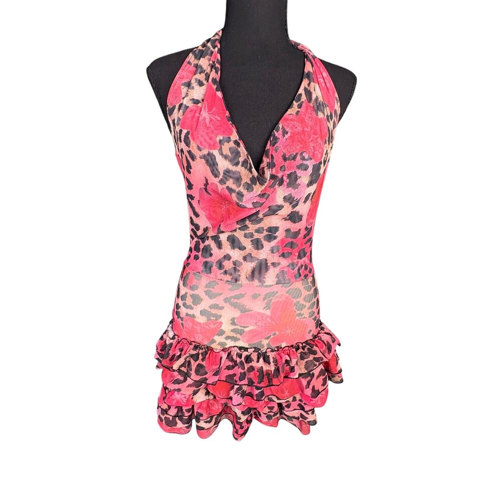 Y2K Sister Party Leopard Floral Ruffle Mini Dress Cowl Halter Sheer
